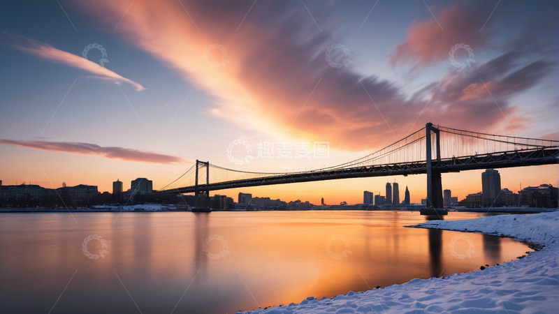高清大图下载【趣麦麦图】冬日夕阳下的城市桥梁景观
