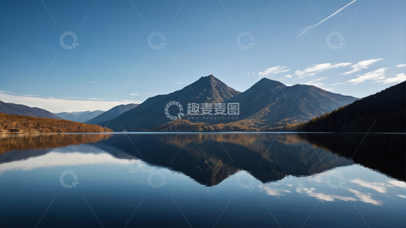 高清大图下载【趣麦麦图】宁静湖面与远处山峦风景