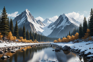 雪山森林河流自然风景
