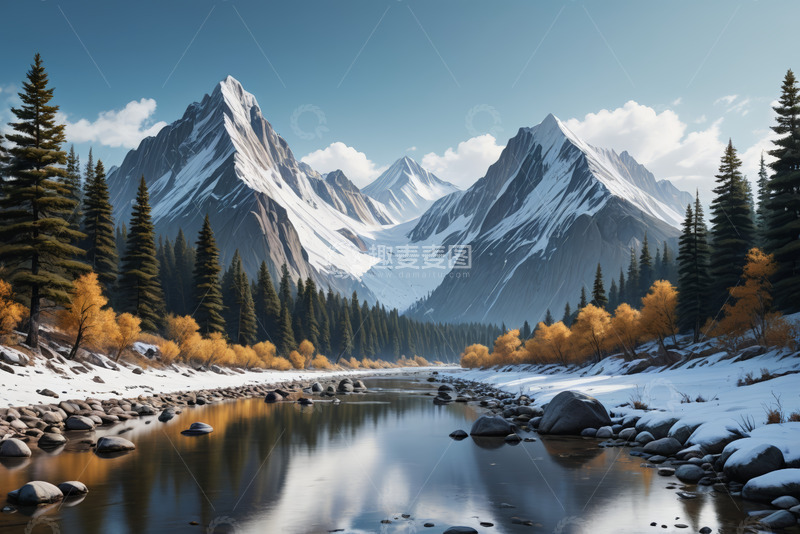 高清大图下载【趣麦麦图】-雪山森林河流自然风景