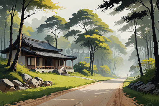 森林中的中式传统建筑场景