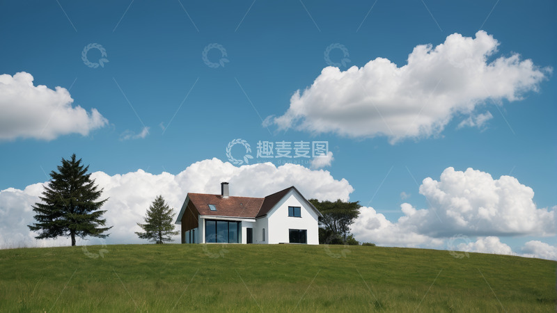 高清大图下载【趣麦麦图】田园山坡上的独栋白色房屋