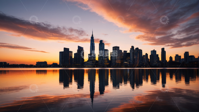 高清大图下载【趣麦麦图】城市天际线日落倒影景观