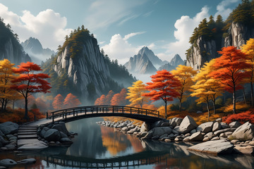 秋景山水间的桥梁自然风光