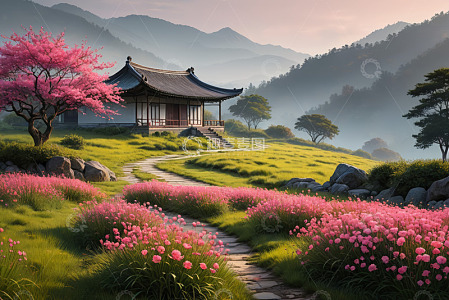 古风庭院樱花盛开自然风光