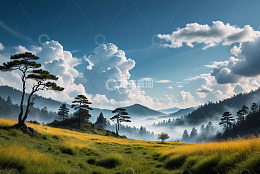 山间草地松林与蓝天白云景观