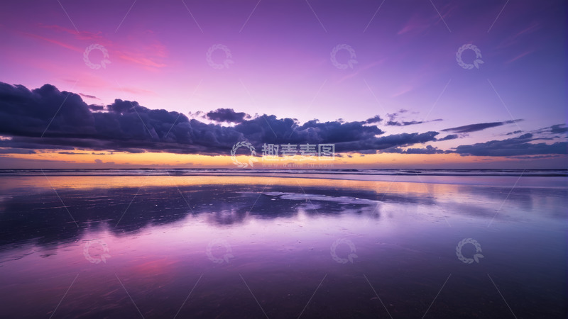 高清大图下载【趣麦麦图】海滩黄昏时分天空云彩倒影景观