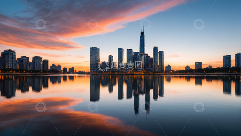 高清大图下载【趣麦麦图】城市天际线日落倒影景观