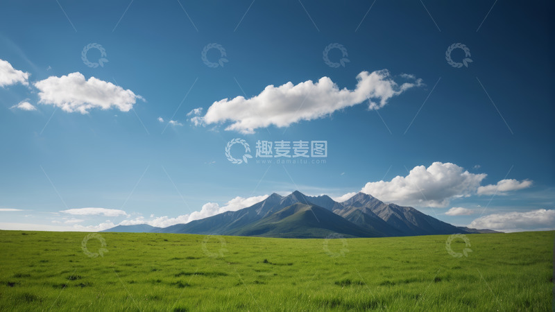 高清大图下载【趣麦麦图】草原上远眺山脉与蓝天