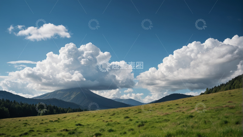 高清大图下载【趣麦麦图】草原远山与蓝天白云景观