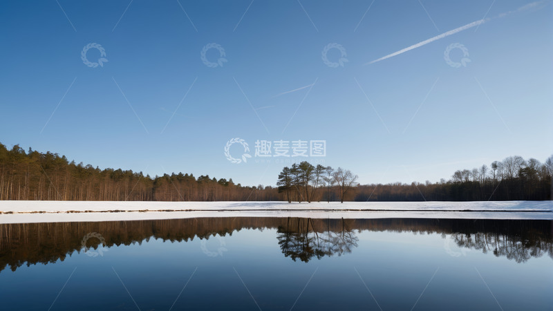高清大图下载【趣麦麦图】冬日森林旁平静湖面风景