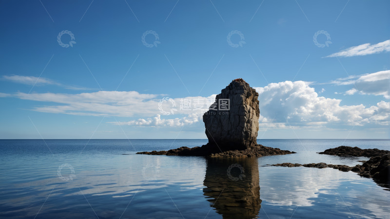 高清大图下载【趣麦麦图】海上独立岩石与蓝天白云景观