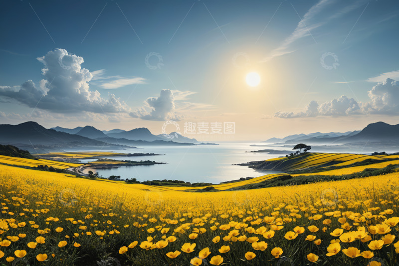 高清大图下载【趣麦麦图】湖畔黄色花海与远山风景