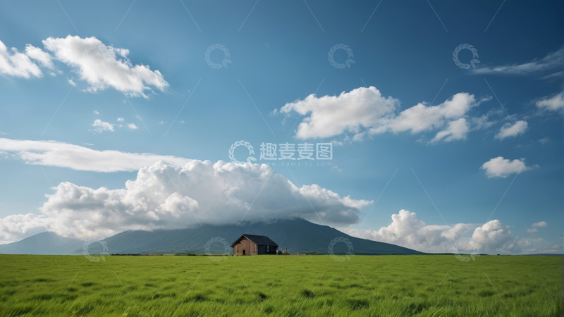 高清大图下载【趣麦麦图】草原上的小屋与远山风景