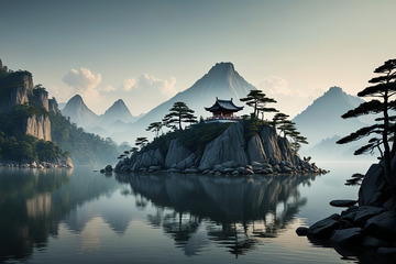 山水间湖心小岛古建筑景观