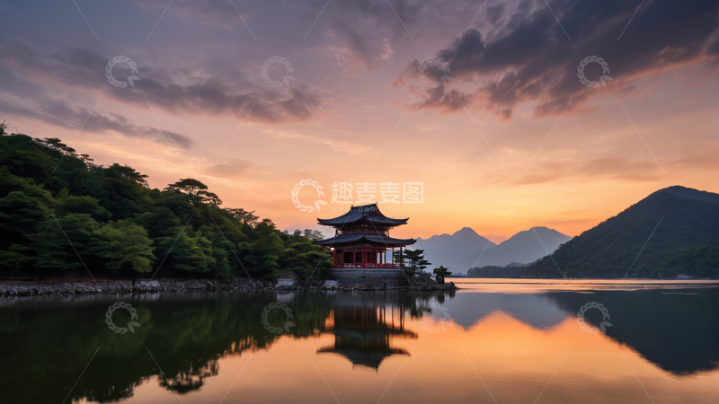 高清大图下载【趣麦麦图】湖畔古亭山水黄昏美景