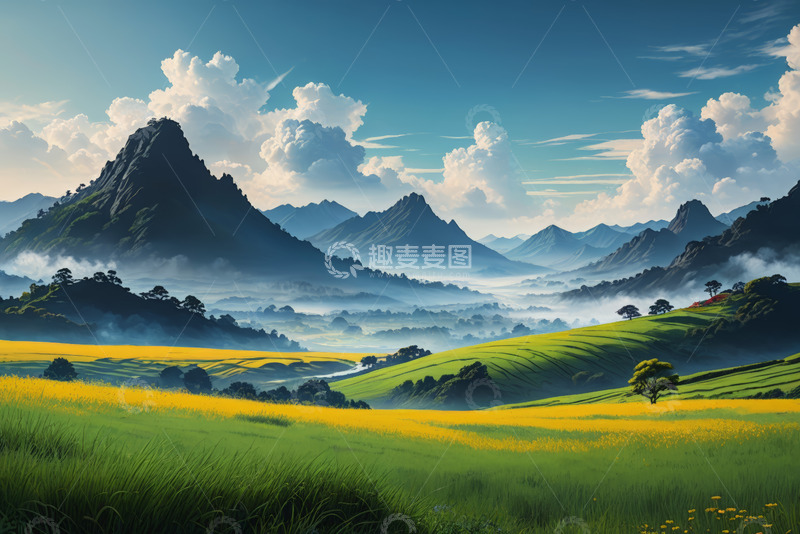 高清大图下载【趣麦麦图】山野间黄绿相间自然风景