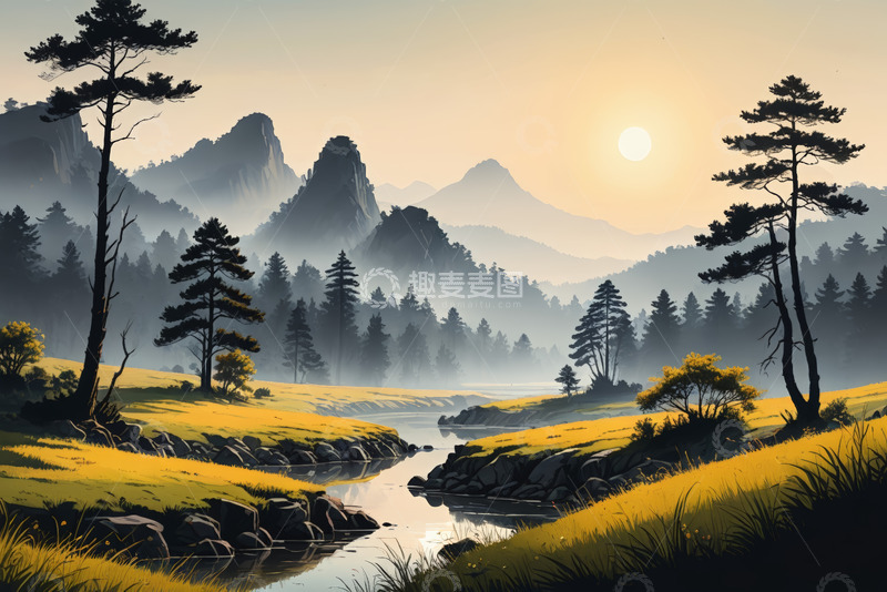 高清大图下载【趣麦麦图】山林间河流与落日自然风光