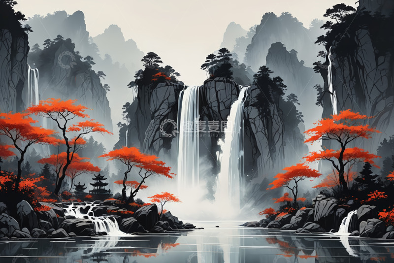 高清大图下载【趣麦麦图】中式水墨山水瀑布风景