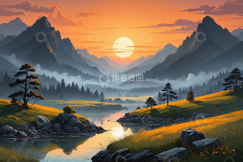 高清大图下载【趣麦麦图】山间日落自然风光
