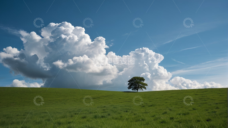 高清大图下载【趣麦麦图】草原上的孤树与蓝天白云