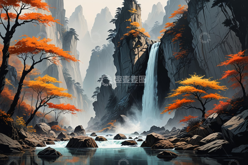 高清大图下载【趣麦麦图】秋季山水间瀑布风景