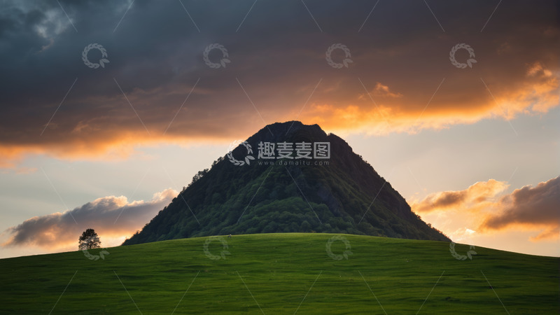 高清大图下载【趣麦麦图】夕阳下的山丘与草地景观