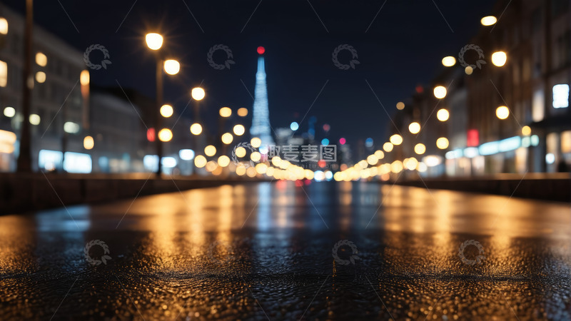 高清大图下载【趣麦麦图】夜晚街道反光路面城市夜景
