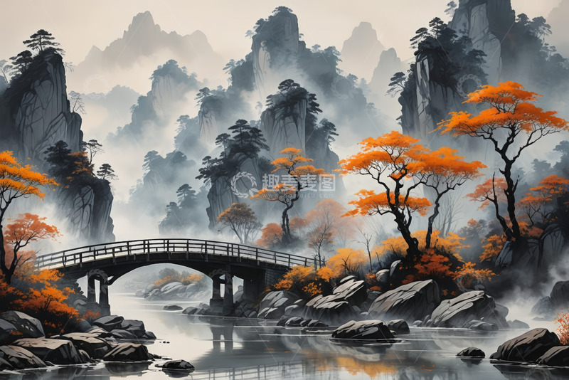 高清大图下载【趣麦麦图】中式山水秋景图