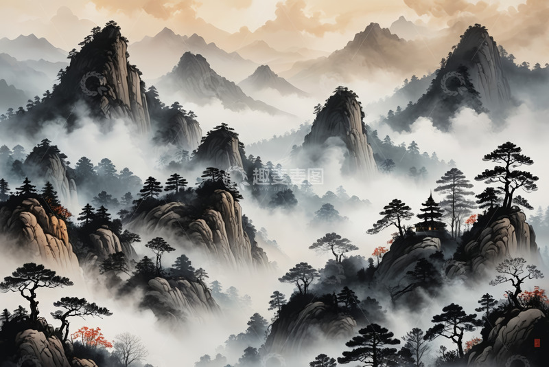 高清大图下载【趣麦麦图】中式山水云雾缭绕景观