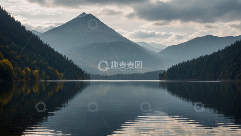 高清大图下载【趣麦麦图】宁静湖泊与远山森林景观