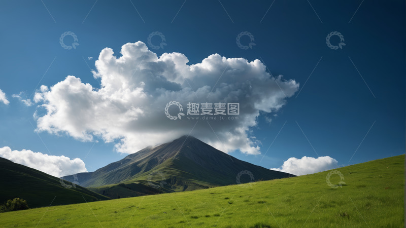 高清大图下载【趣麦麦图】蓝天白云下的青山绿草地景观