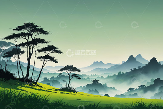 山林间草地与松树风景
