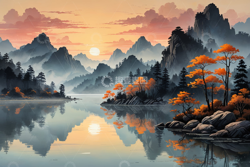 高清大图下载【趣麦麦图】山水间夕阳下的自然风景