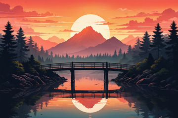 夕阳下山林间的桥梁景观