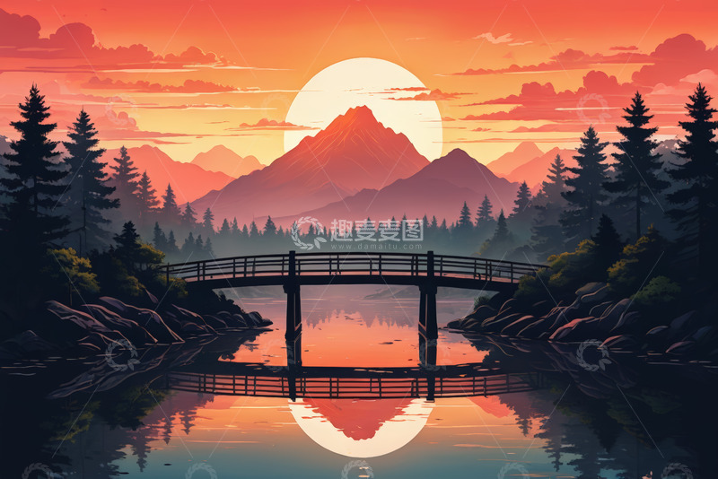 高清大图下载【趣麦麦图】夕阳下山林间的桥梁景观