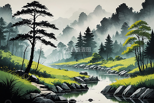 山林间河流自然风光