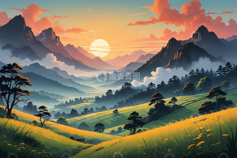 高清大图下载【趣麦麦图】山间日出自然风光