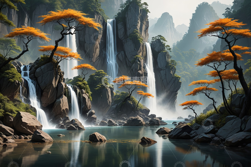 高清大图下载【趣麦麦图】山水间瀑布与橙树自然风光