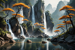 山水间瀑布与橙树自然风光