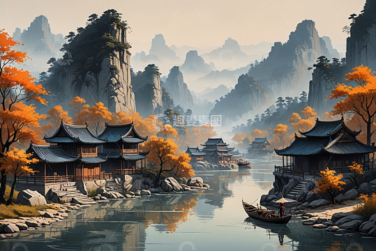 古风山水楼阁秋景