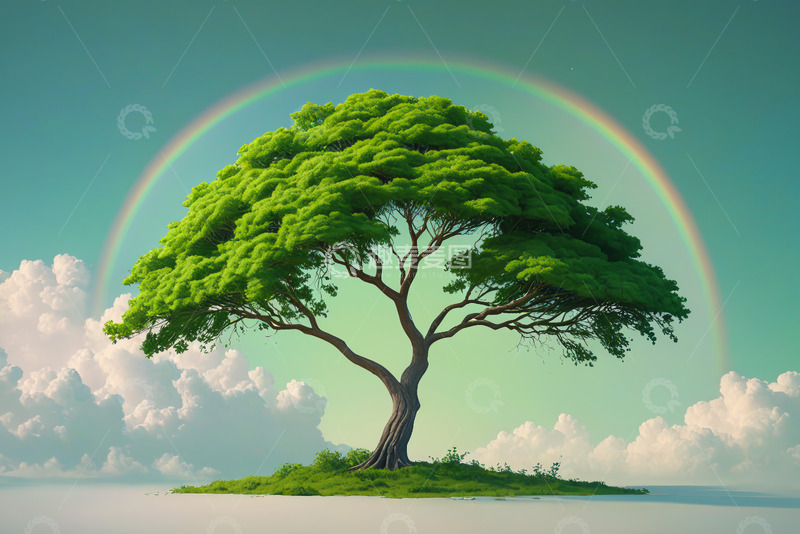 高清大图下载【趣麦麦图】孤岛上的绿树与彩虹景观