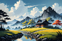 古风山水间的中式建筑景观