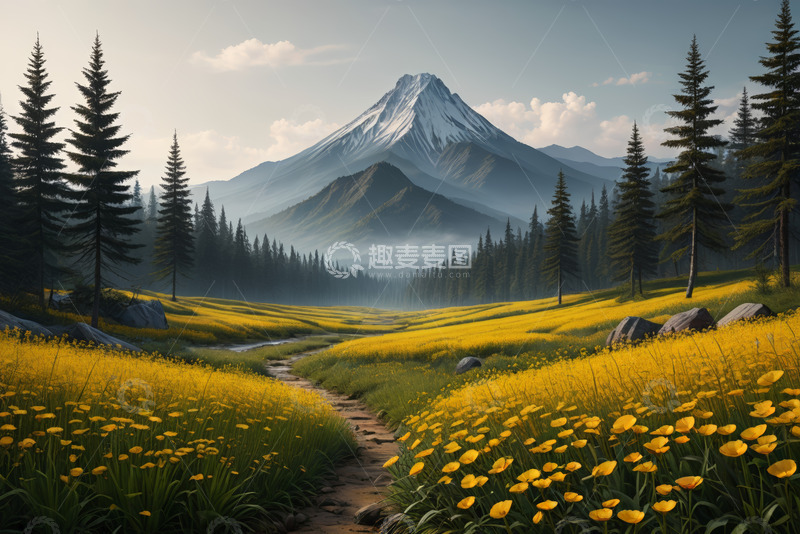 高清大图下载【趣麦麦图】山间黄花田野与远处雪山风景