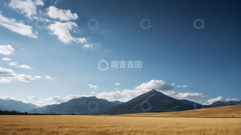 高清大图下载【趣麦麦图】蓝天白云下的草原与远山景观