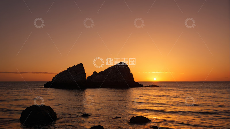 高清大图下载【趣麦麦图】海上日落与礁石景观