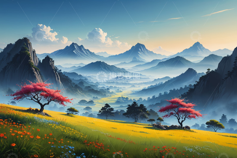 高清大图下载【趣麦麦图】山间花海与远山风景