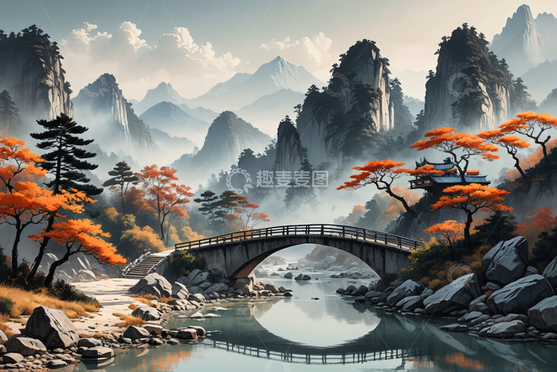高清大图下载【趣麦麦图】山水间秋景拱桥自然风光