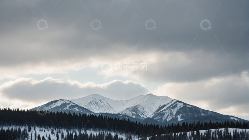 高清大图下载【趣麦麦图】雪山森林与阴沉天空景观