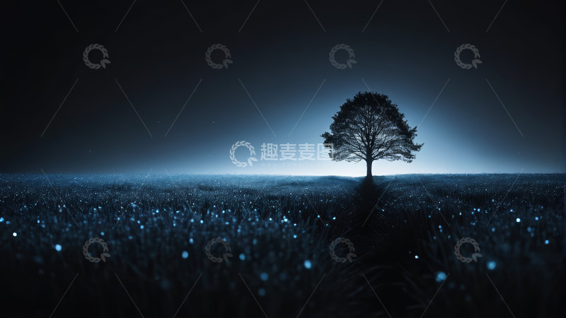 高清大图下载【趣麦麦图】夜幕下田野中的孤独树木